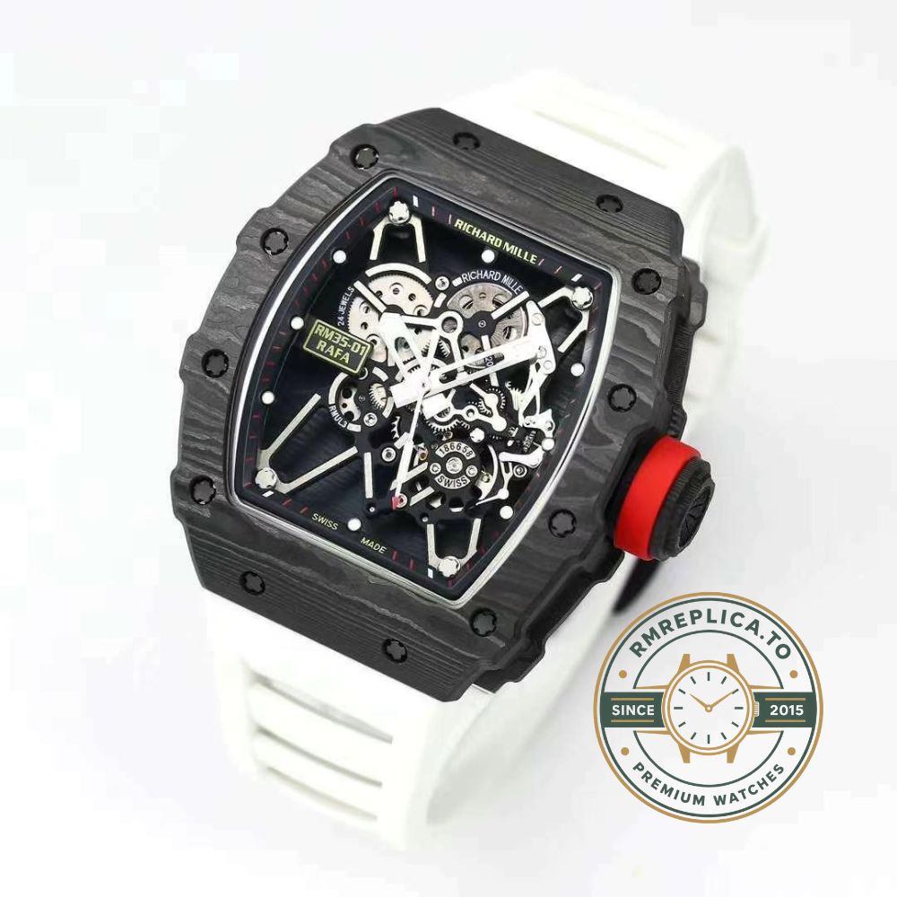 Richard Mille swiss replicas RM35-01 Rafael Nadal skeleton carbon fiber case white strap sport watch buckle detail view – richard mille swiss replicas