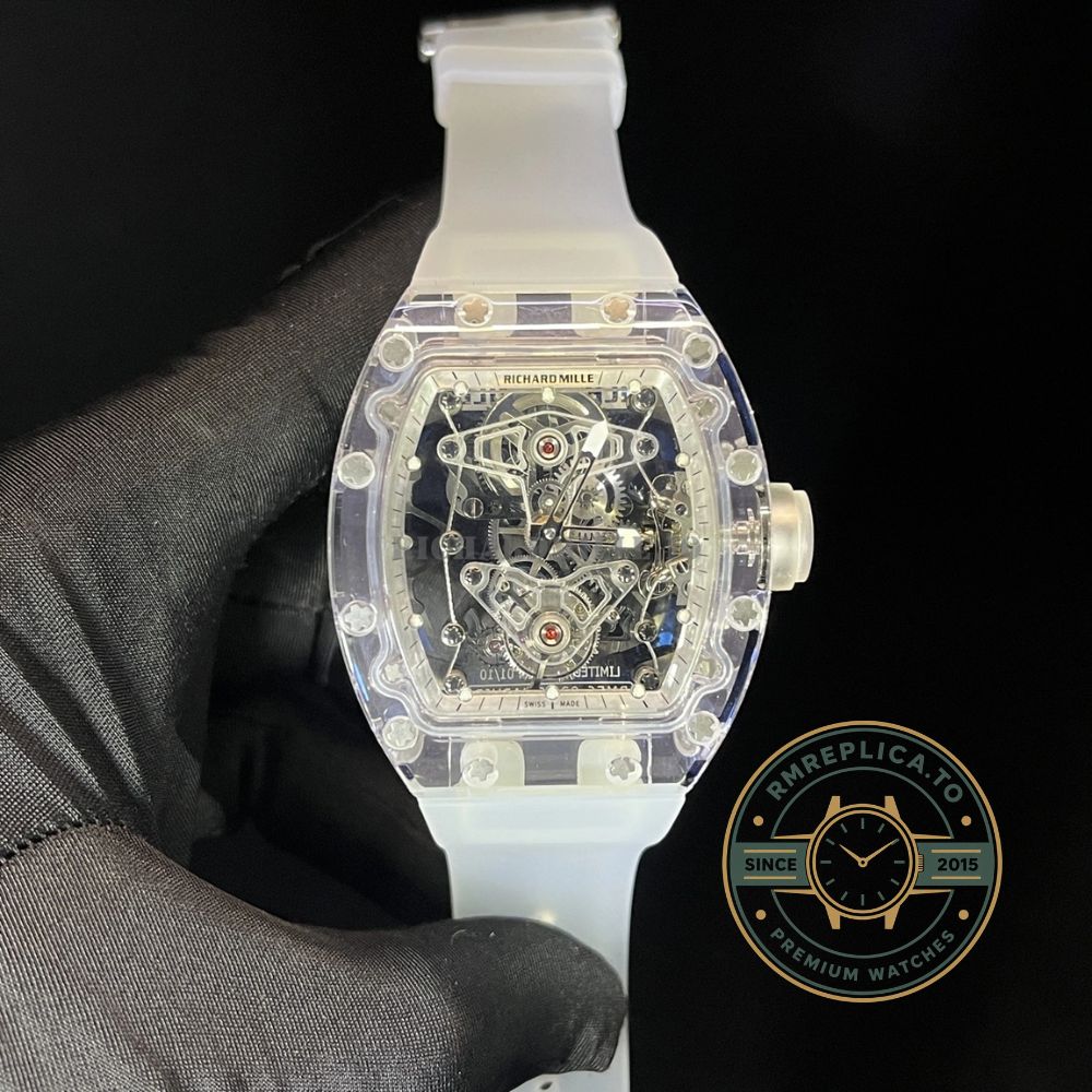 Fake Richard Mille RM 56-02 tourbillon dial detail 1 with sapphire bridges and floating gears – fake richard mille