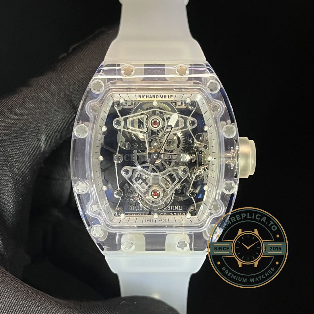Replica Richard Mille watch RM 56-02 tourbillon dial detail 2 showing tourbillon cage and skeletonized movement – replica richard mille watch