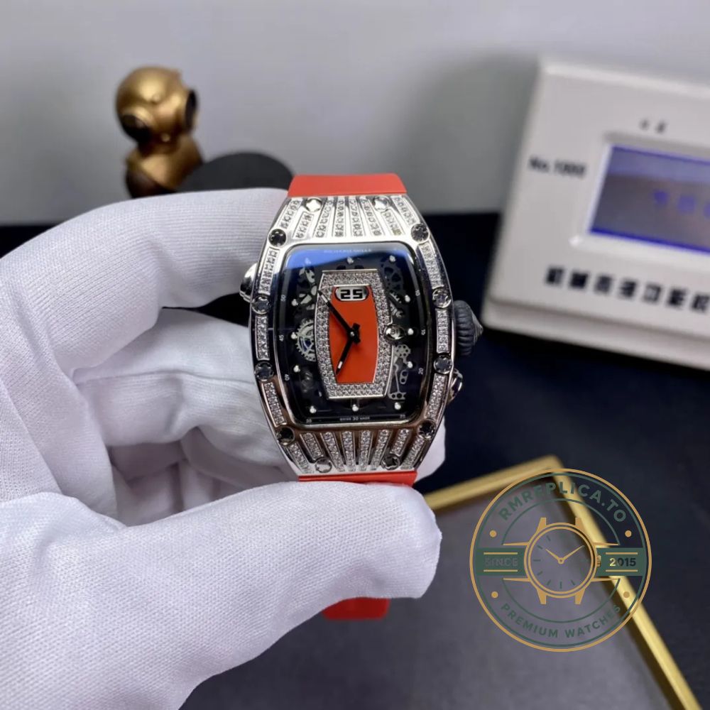 Richard Mille clone RM 037 diamond-set case red rubber strap luxury ladies wristwatch dial detail – richard mille clone