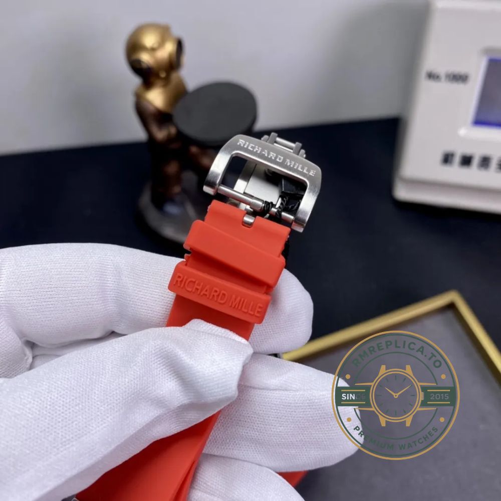 Best Richard Mille replica RM 037 diamond-set case red rubber strap luxury ladies wristwatch left view – best richard mille replica