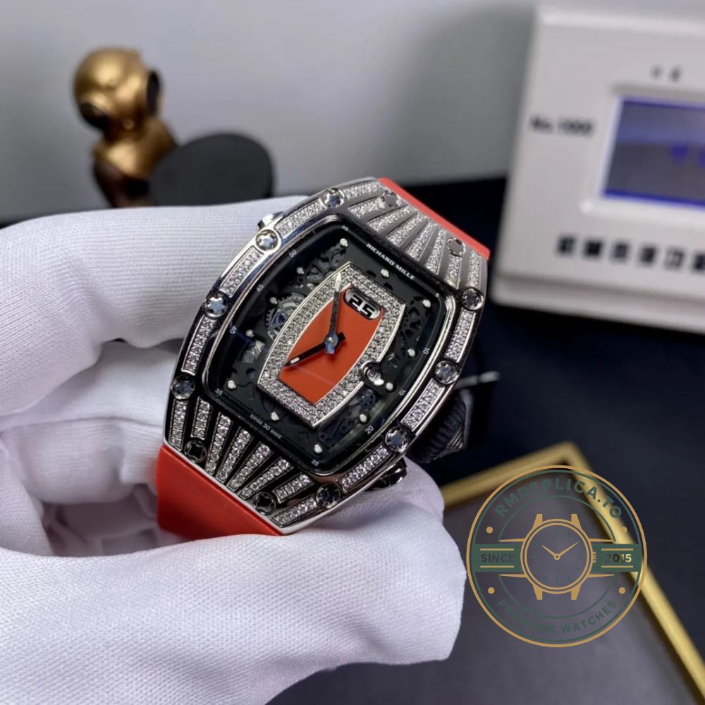 Imitation Richard Mille RM 037 diamond-set case red rubber strap luxury ladies wristwatch back view – imitation richard mille