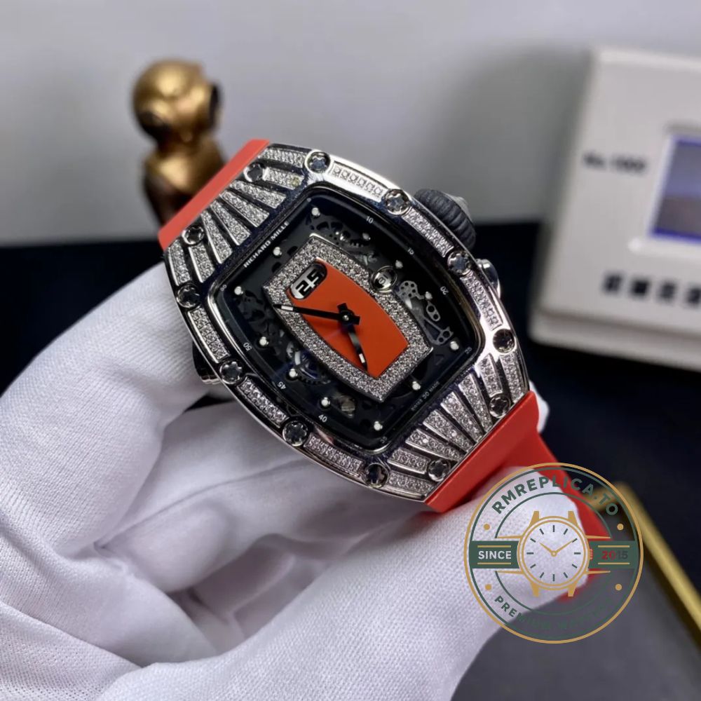 Richard Mille replica for sale RM 037 diamond-set case red rubber strap luxury ladies wristwatch clasp detail 1 – richard mille replica for sale