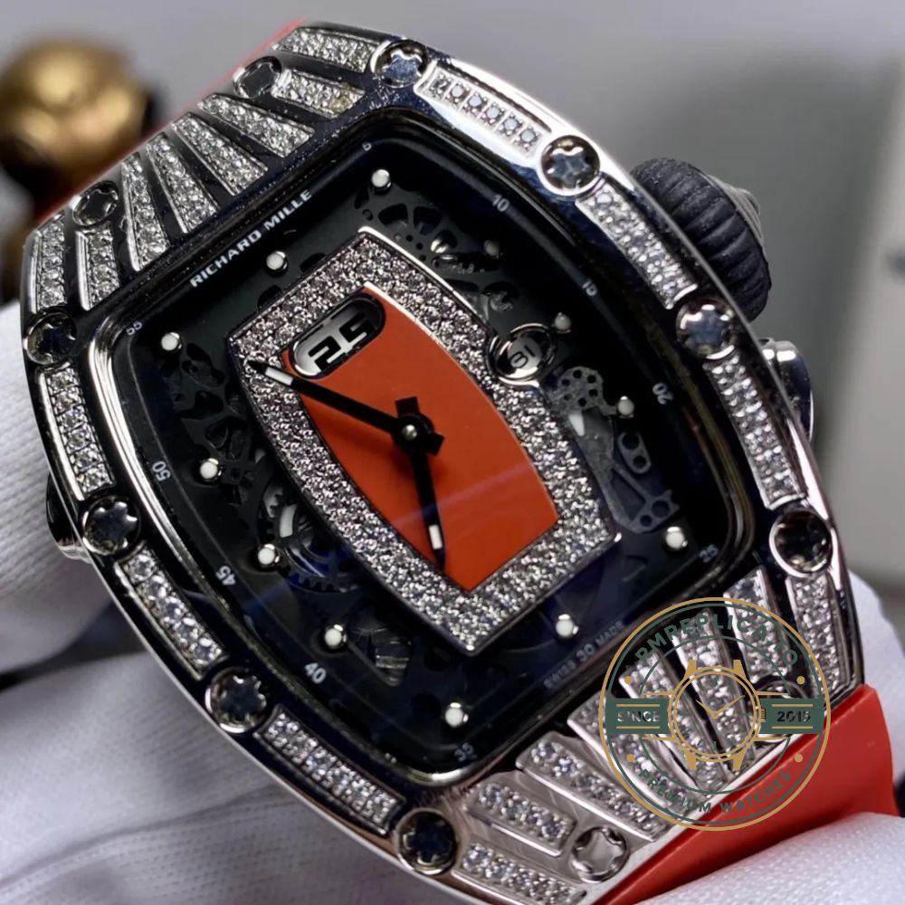 Richard Mille RM 037 super clone front view with diamond-set case and red rubber strap – richard mille super clone