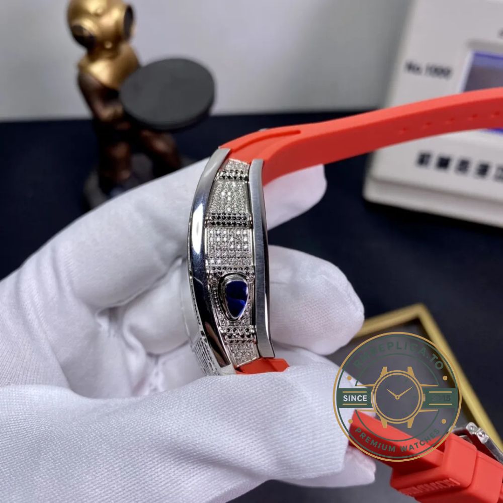 Fake Richard Mille RM 037 diamond-set case red rubber strap luxury ladies wristwatch side view 1 – fake richard mille