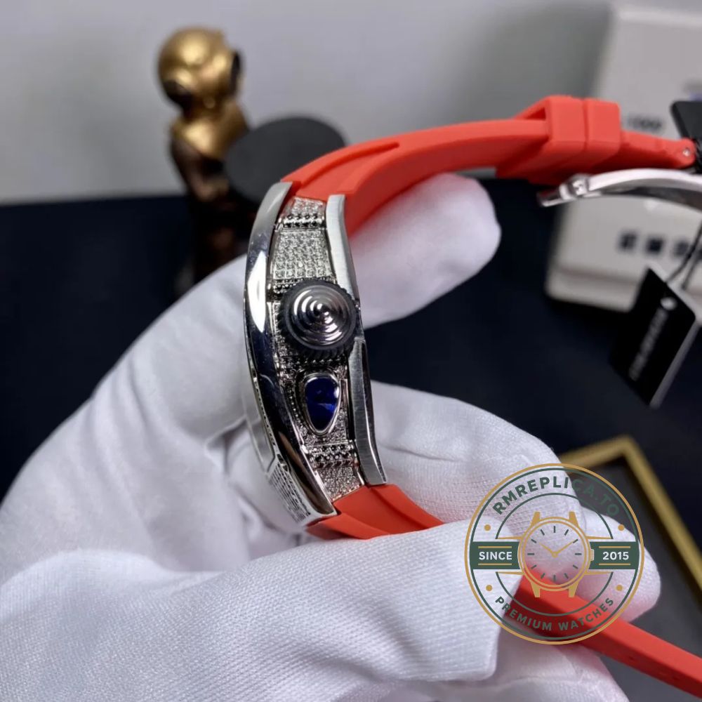 Replica Richard Mille watch RM 037 diamond-set case red rubber strap luxury ladies wristwatch side view 2 – replica richard mille watch
