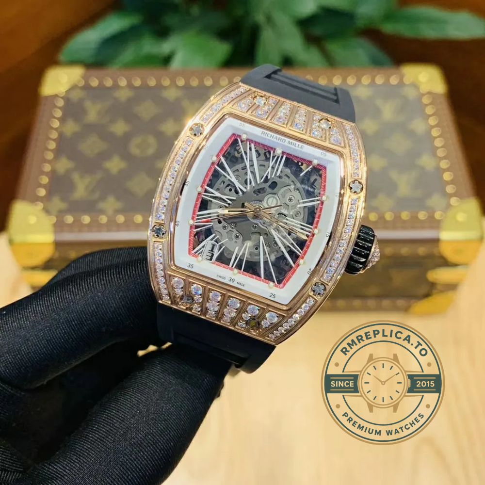 Richard Mille RM 023 replica rose gold diamond-set case skeleton dial black rubber strap luxury automatic sports wristwatch first image – richard mille replica