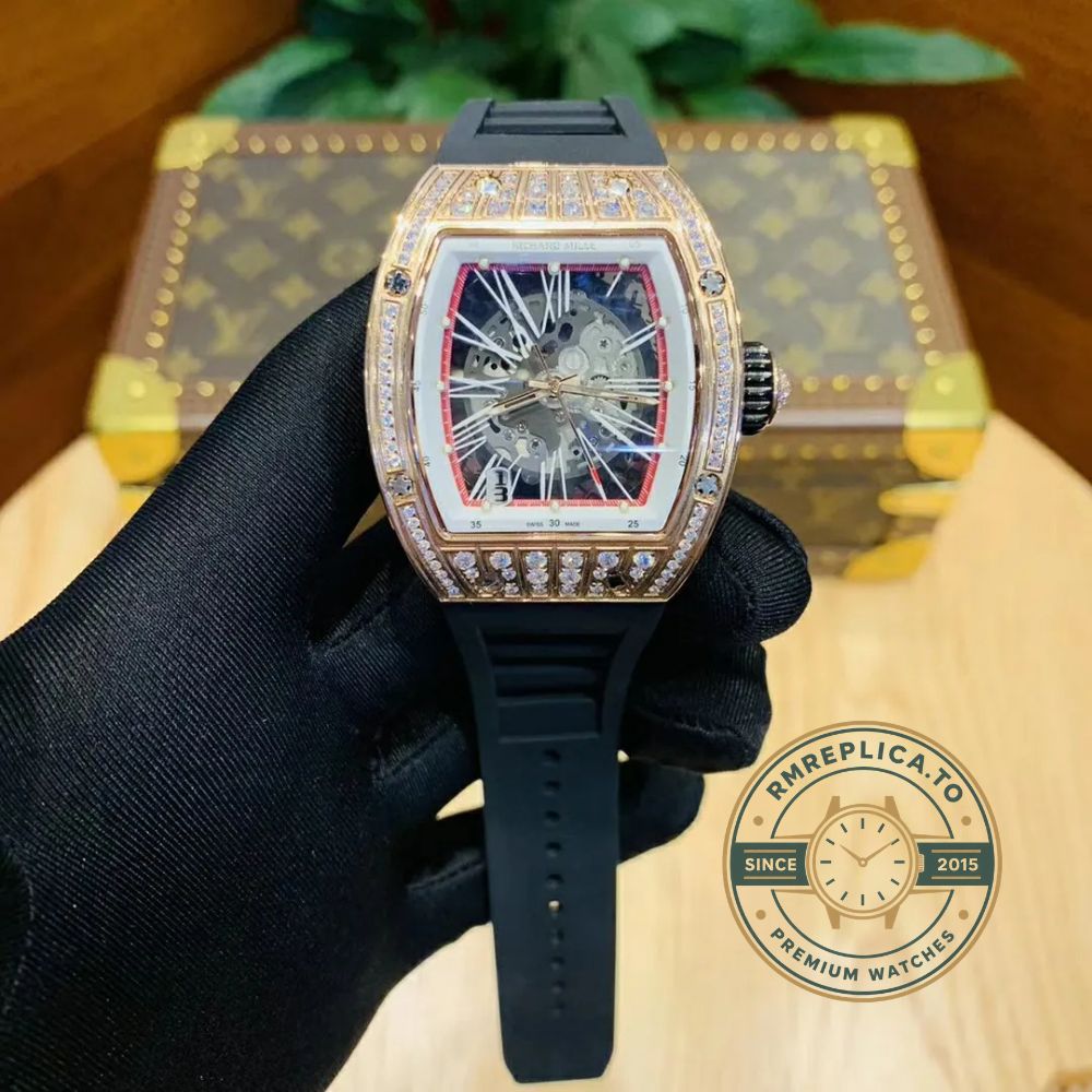 Richard Mille RM 023 super clone front view 1 with rose gold diamond-set case and skeleton dial – richard mille super clone