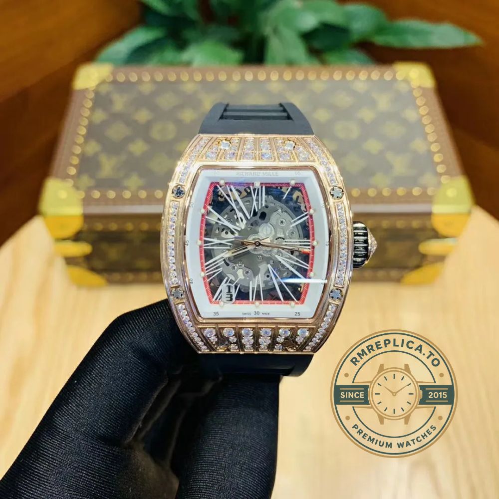 Fake Richard Mille RM 023 front view 2 showing skeleton dial and black rubber strap – fake richard mille