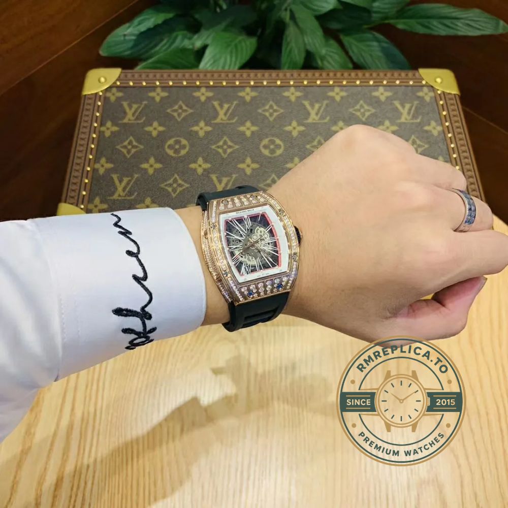 Richard Mille replica for sale RM 023 dial detail with skeleton movement and diamond-set bezel – richard mille replica for sale