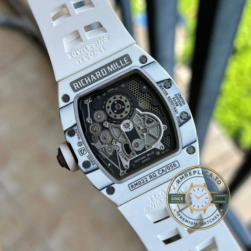 Richard Mille RM 022 super clone angled view with carbon fiber case and white rubber strap – richard mille super clone