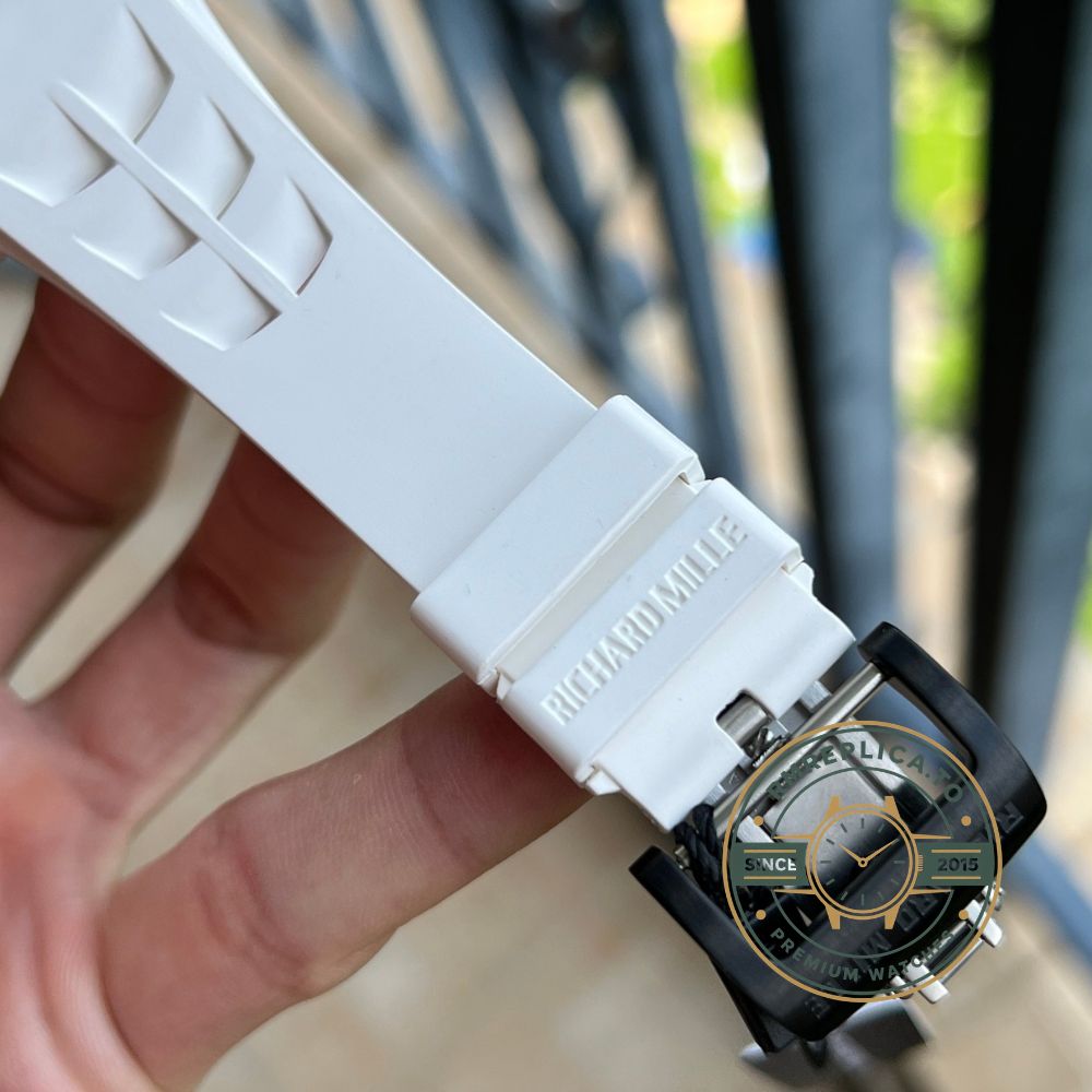 Richard Mille clone RM 022 side view with carbon fiber case and white rubber strap – richard mille clone