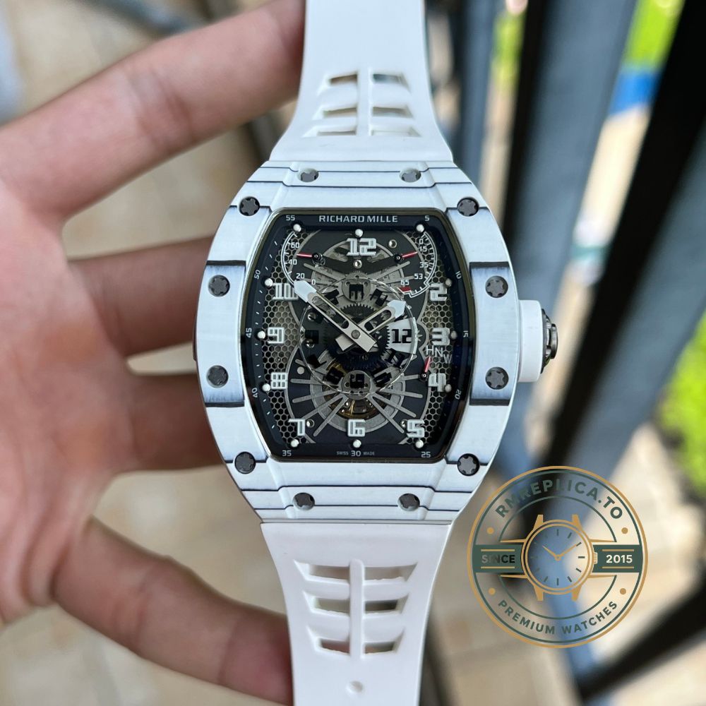 Richard Mille swiss replicas RM 022 on wrist with white case and skeletonized dial – richard mille swiss replicas