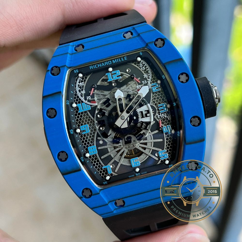 Replica Richard Mille RM022 blue carbon skeleton dial automatic movement 40x50mm front view – richard mille replica