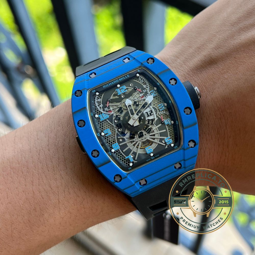 Richard Mille RM022 super clone angled view with blue carbon case and skeleton dial – richard mille super clone