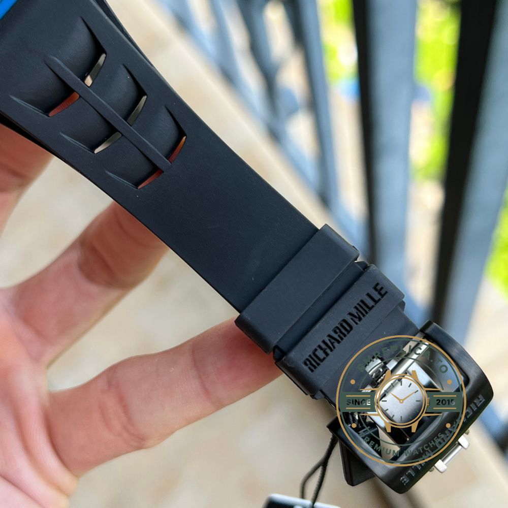 Richard Mille clone RM022 side view with blue carbon case and black rubber strap – richard mille clone