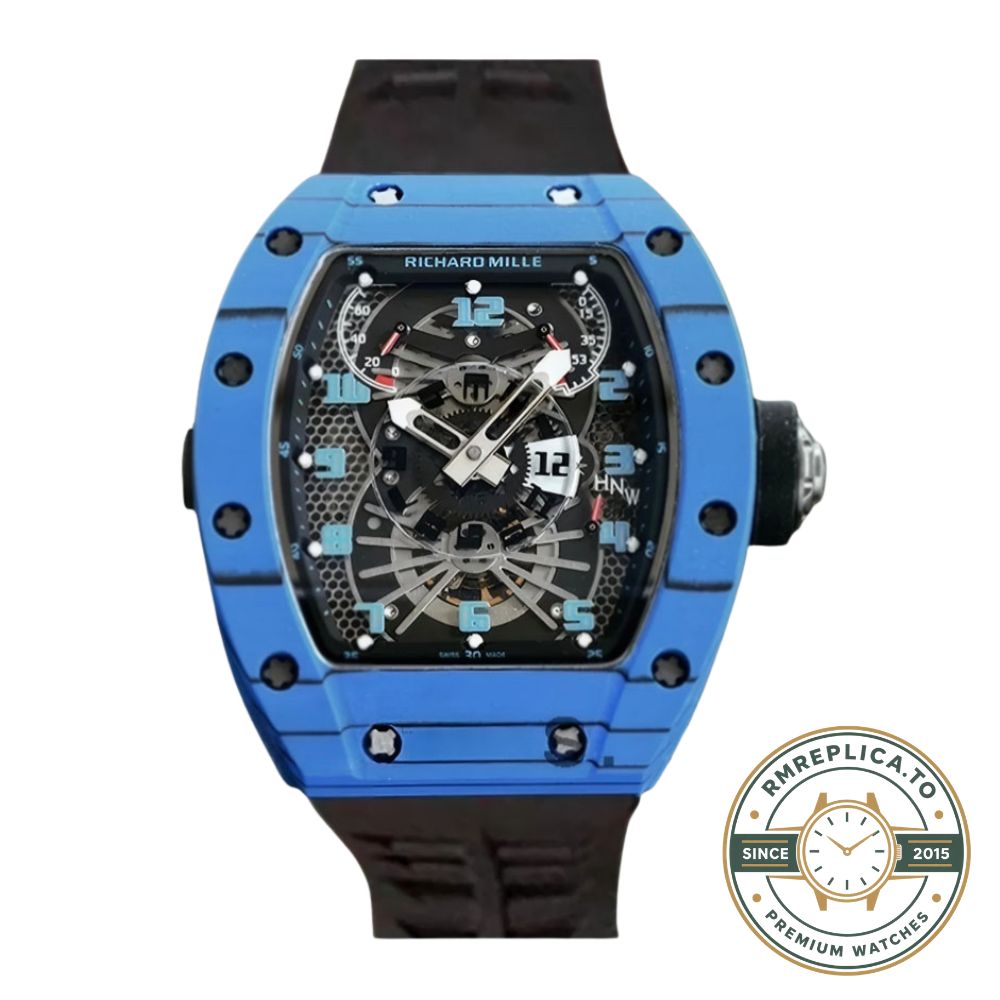 Richard Mille replicas RM022 crown detail on blue carbon case – richard mille replicas