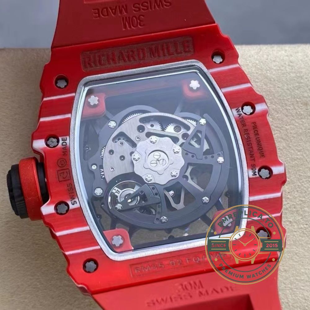 Richard Mille RM35-02 red luxury watch skeleton dial close-up front detail view – richard mille replica