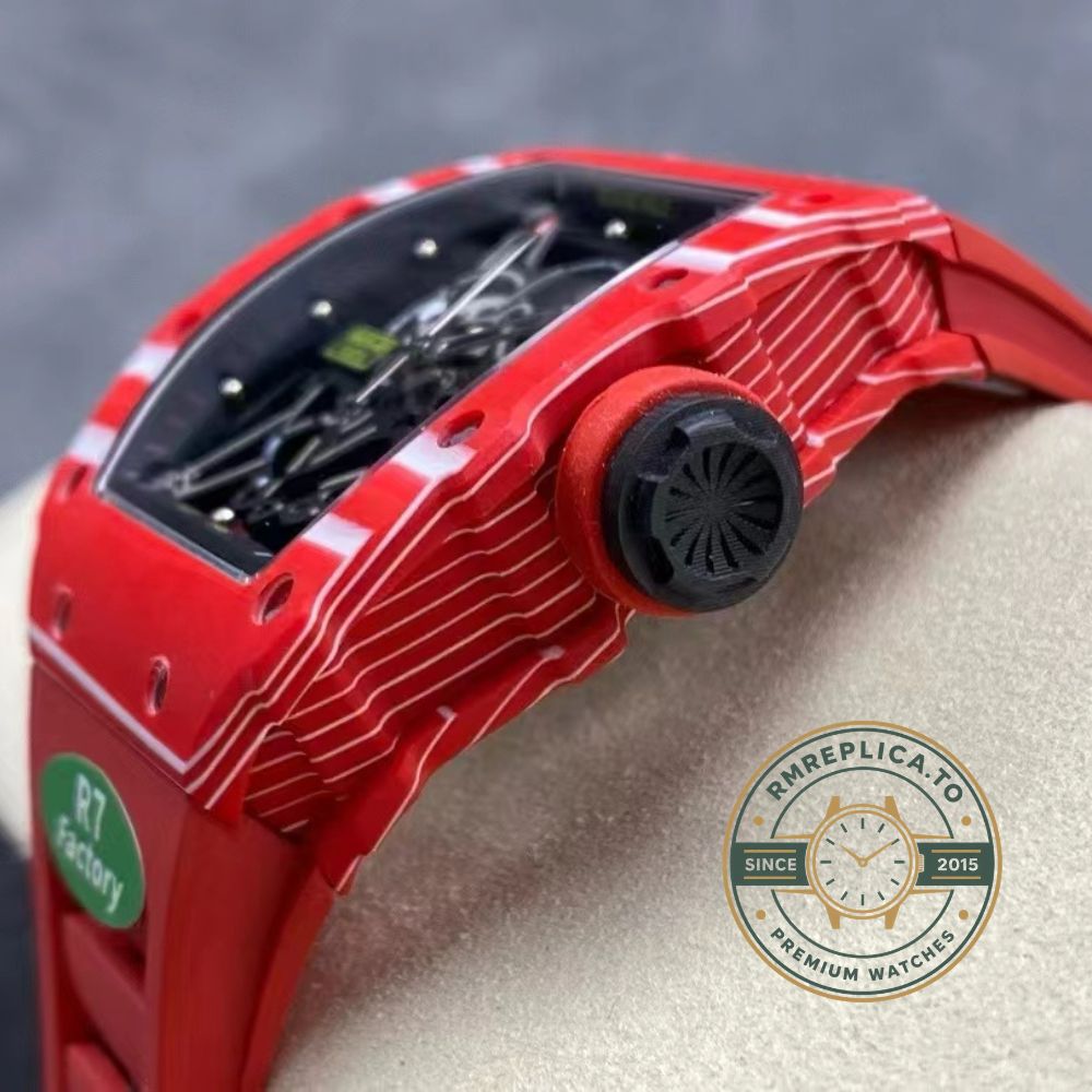 Richard Mille RM35-02 red carbon fiber case black skeleton dial side angle detail view luxury sports watch display – richard mille super clone