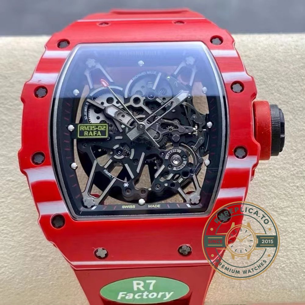 Richard Mille RM35-02 red carbon fiber case red rubber strap black skeleton dial front view wrist shot display – replica richard mille watch