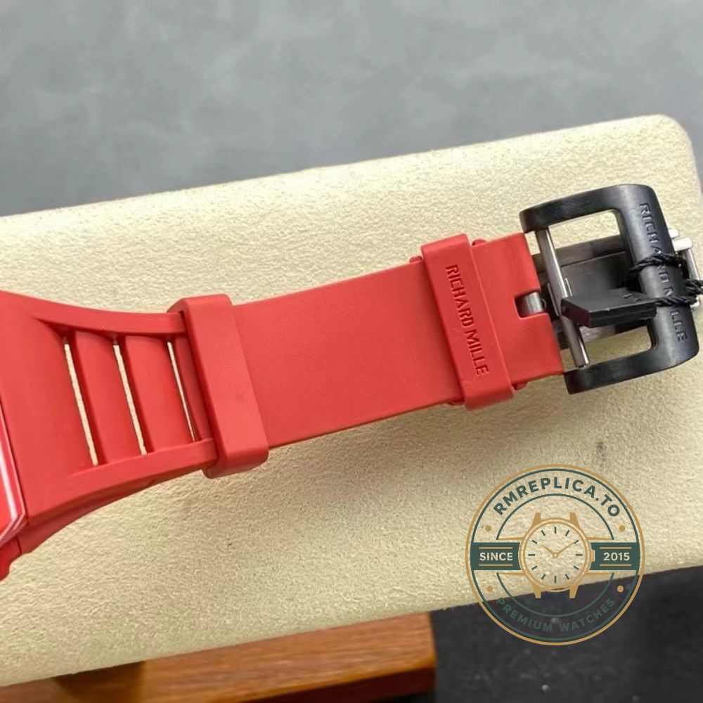 Richard Mille RM Series RM35-02 red carbon fiber case with black skeleton dial and red strap front view – richard mille clone