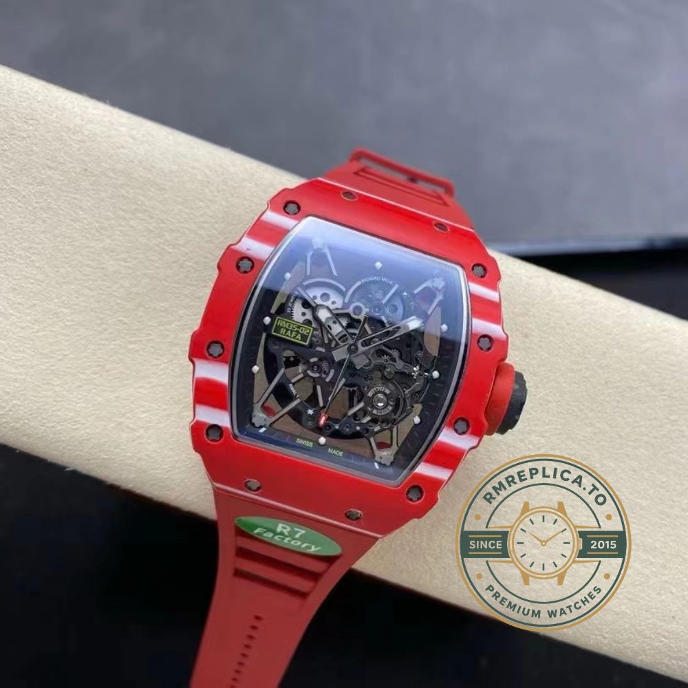 Richard Mille RM Series RM35-02 red carbon fiber case with black skeleton dial and red strap side view – best richard mille replica
