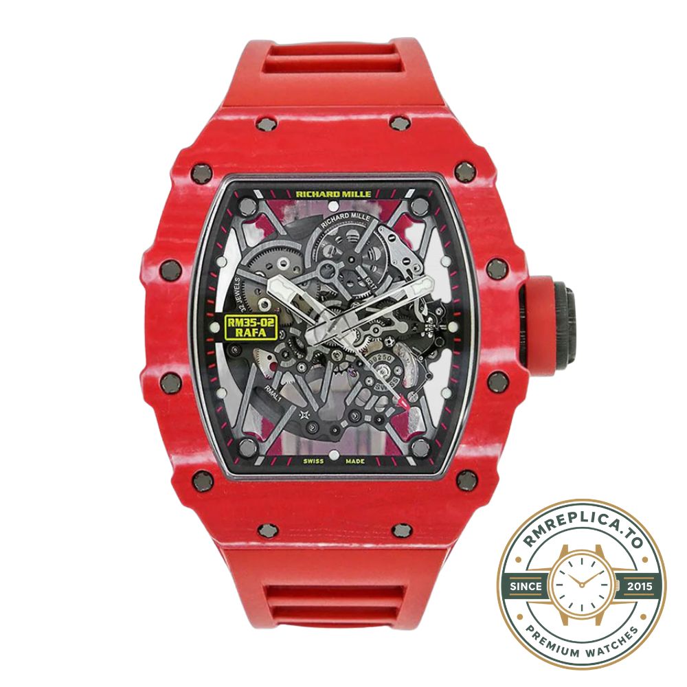 Richard Mille RM Series RM35-02 red carbon fiber case with red rubber strap detail view – richard mille replicas