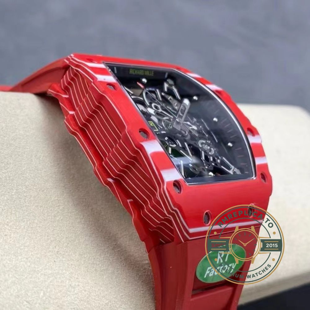 Richard Mille RM Series RM35-02 red carbon fiber case with red rubber strap side detail view – imitation richard mille