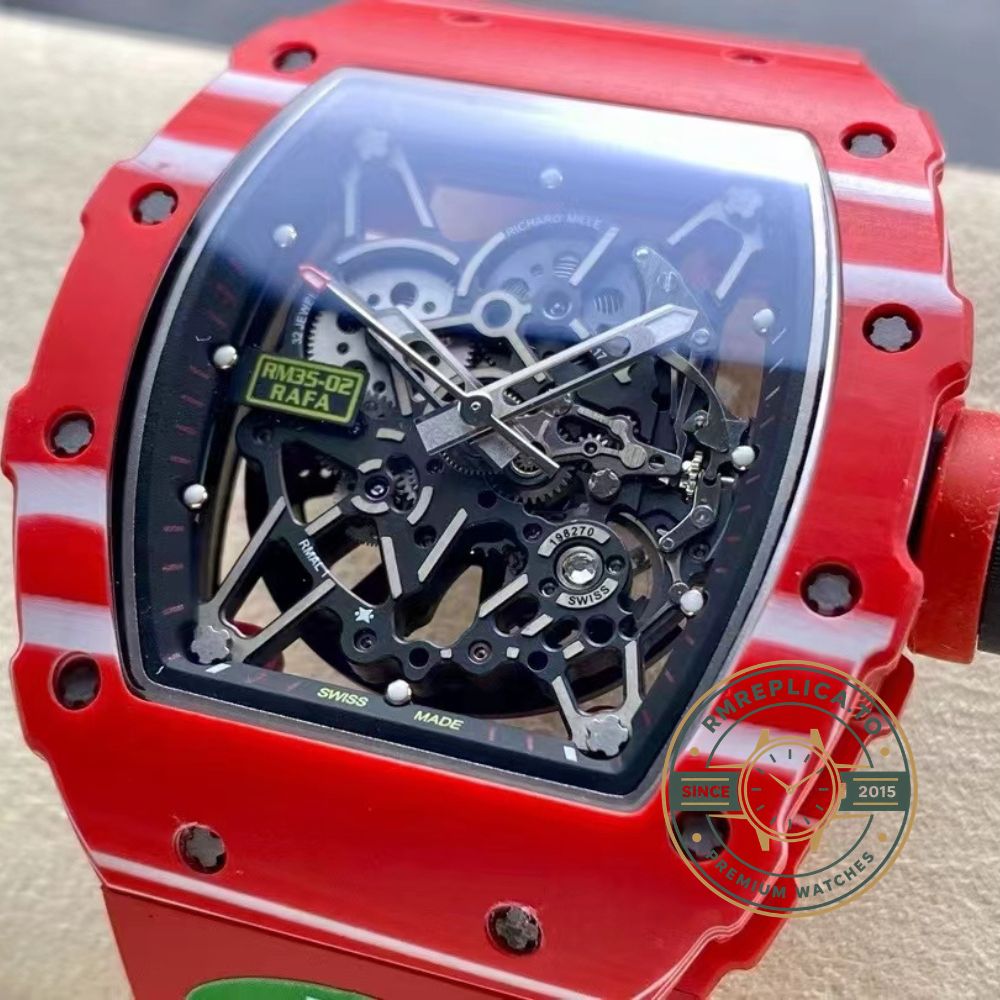 Richard Mille RM Series RM35-02 red case with red rubber strap and black buckle side detail view – richard mille swiss replicas