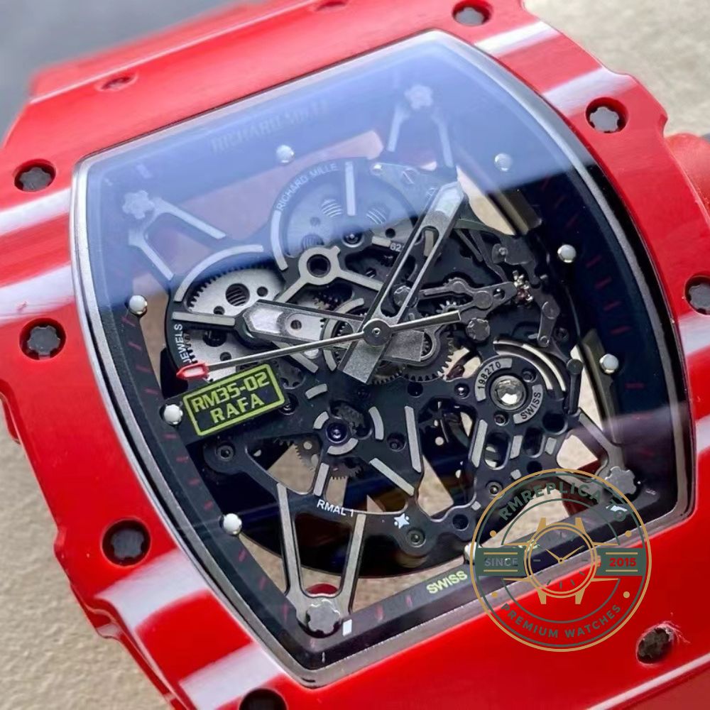 Richard Mille RM Series RM35-02 red case transparent caseback movement detail view – richard mille replica for sale