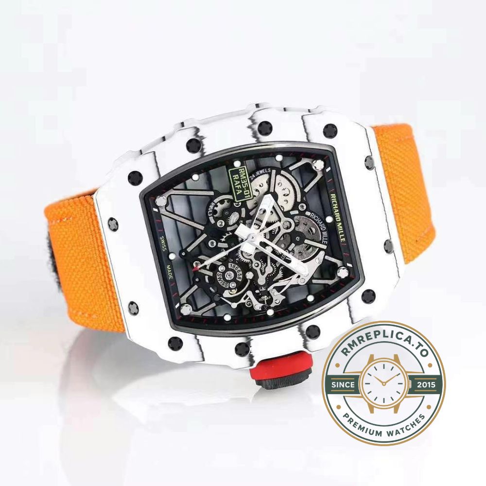 Swiss Richard Mille RM35-01 Rafael Nadal replica watch with white NTPT carbon case and orange nylon strap front view – richard mille replica
