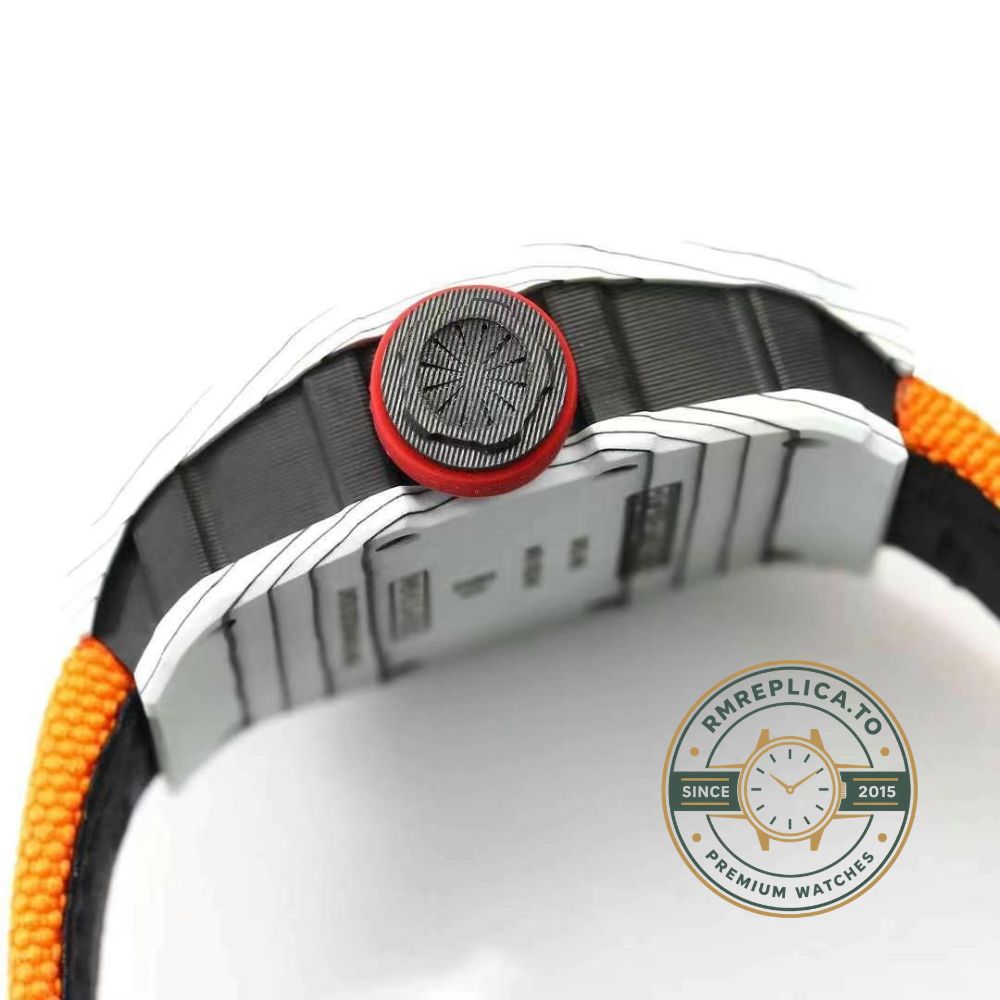 Fake Richard Mille RM35-01 Rafael Nadal white NTPT carbon case orange strap angled view – fake richard mille