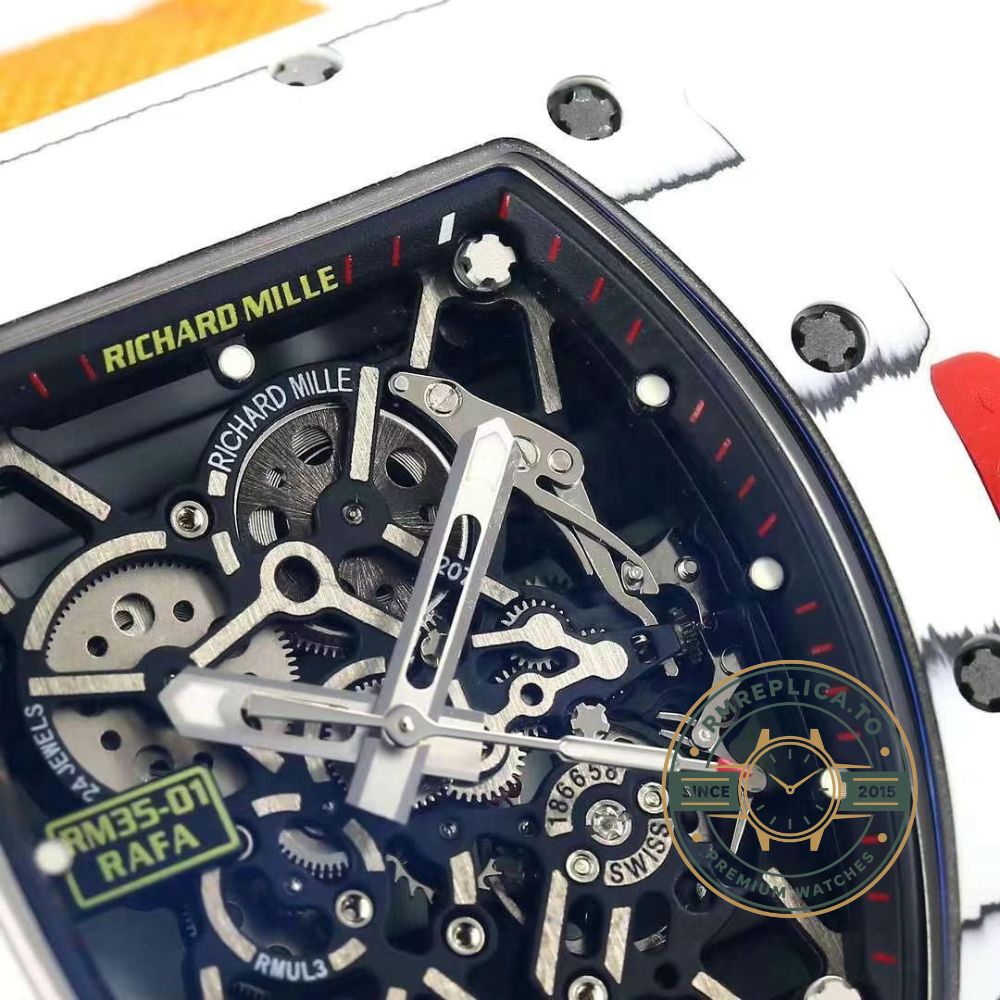 Richard Mille clone RM35-01 Rafael Nadal white NTPT carbon dial gear detail close-up – richard mille clone