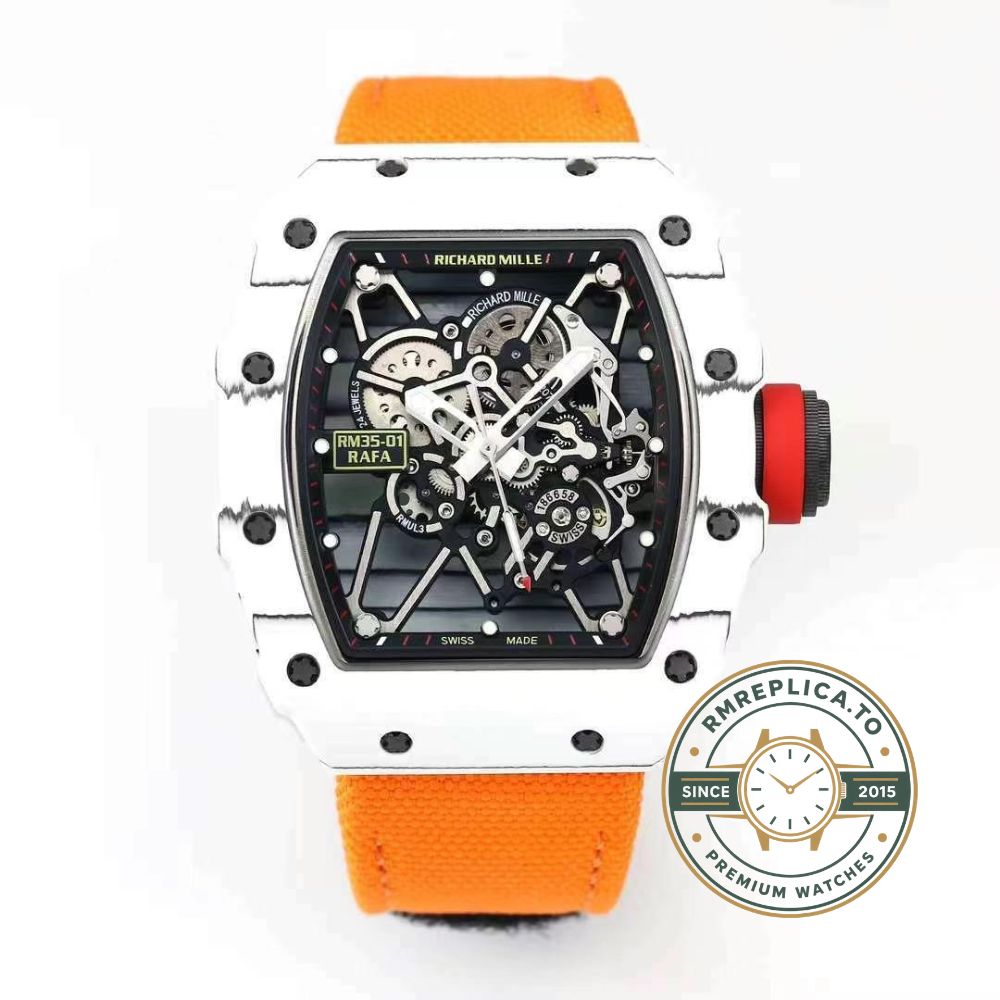 Richard Mille swiss replicas RM35-01 Rafael Nadal white NTPT carbon orange nylon strap buckle detail – richard mille swiss replicas