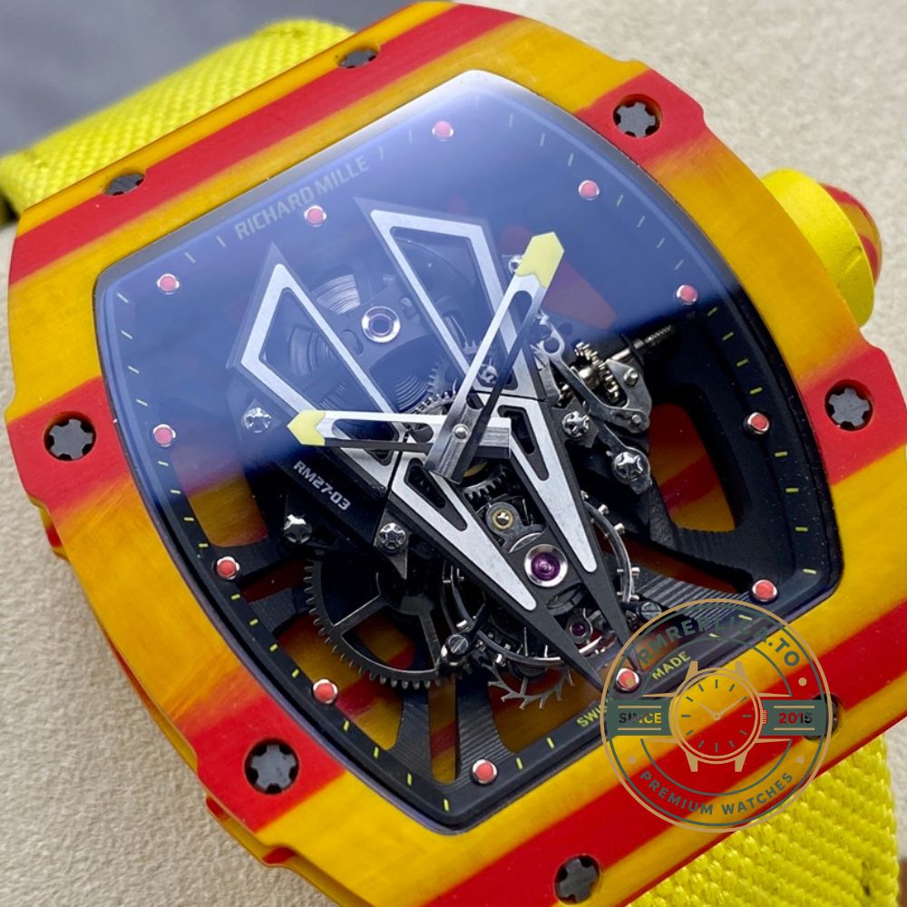 Replica Richard Mille RM27-03 Rafael Nadal Tourbillon carbon fiber yellow red case yellow woven Velcro strap front view – richard mille replica