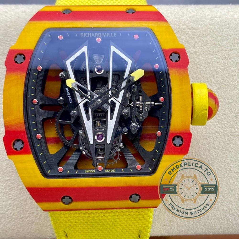 Richard Mille RM27-03 Rafael Nadal super clone skeleton dial close-up front view with yellow red carbon fiber case – richard mille super clone