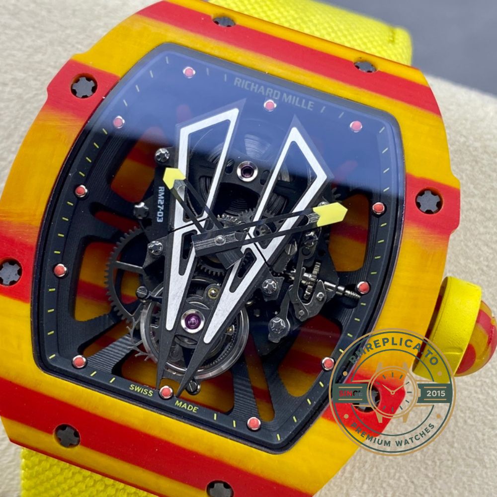 Fake Richard Mille RM27-03 Rafael Nadal Tourbillon carbon fiber skeleton dial angle view – fake richard mille