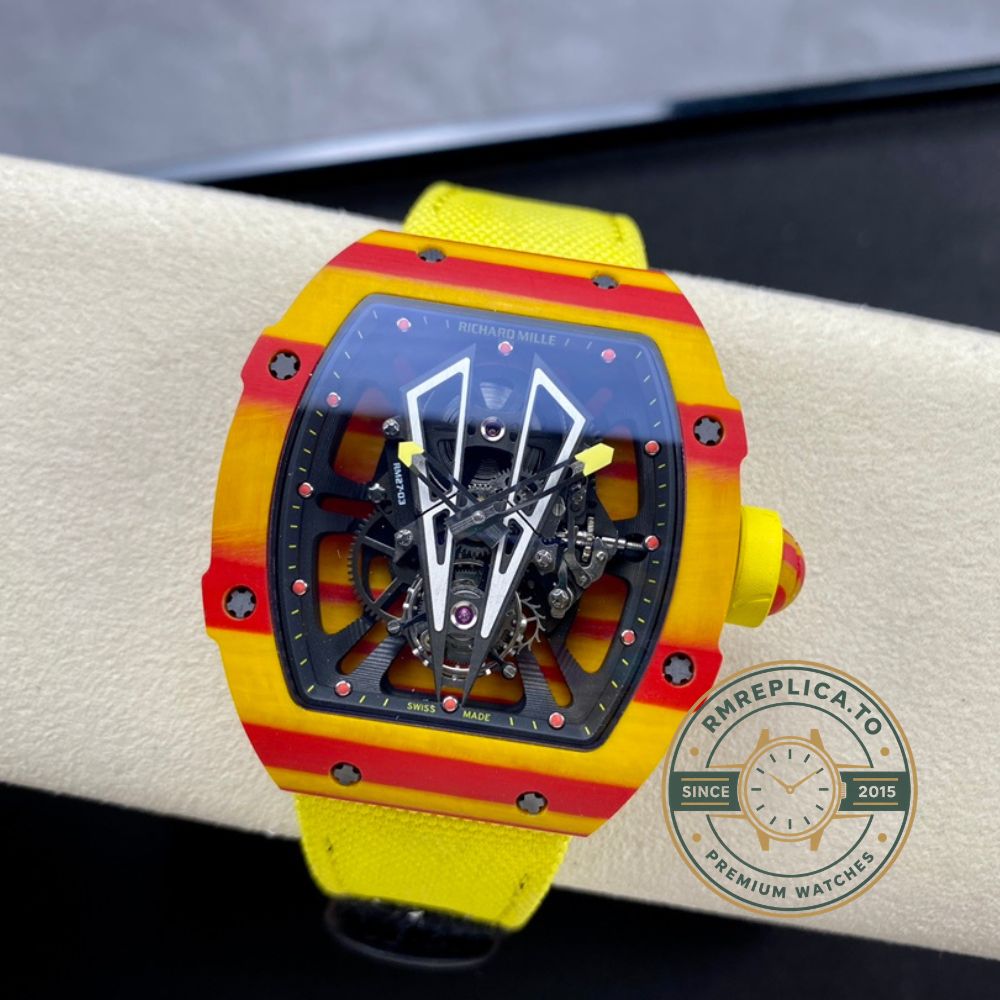 Replica Richard Mille watch RM27-03 Rafael Nadal Tourbillon dial perspective detail with yellow red case – replica richard mille watch