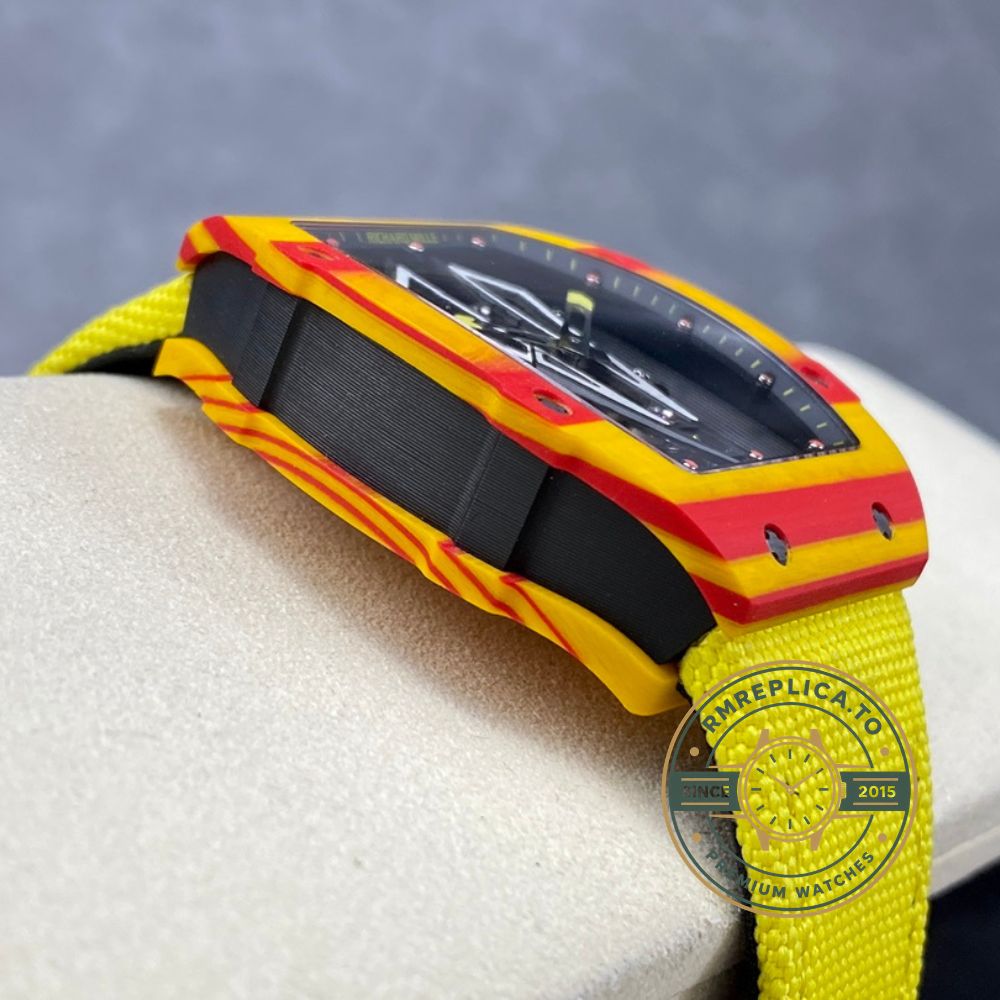 Best Richard Mille replica RM27-03 Rafael Nadal Tourbillon carbon fiber yellow red case crown side detail – best richard mille replica
