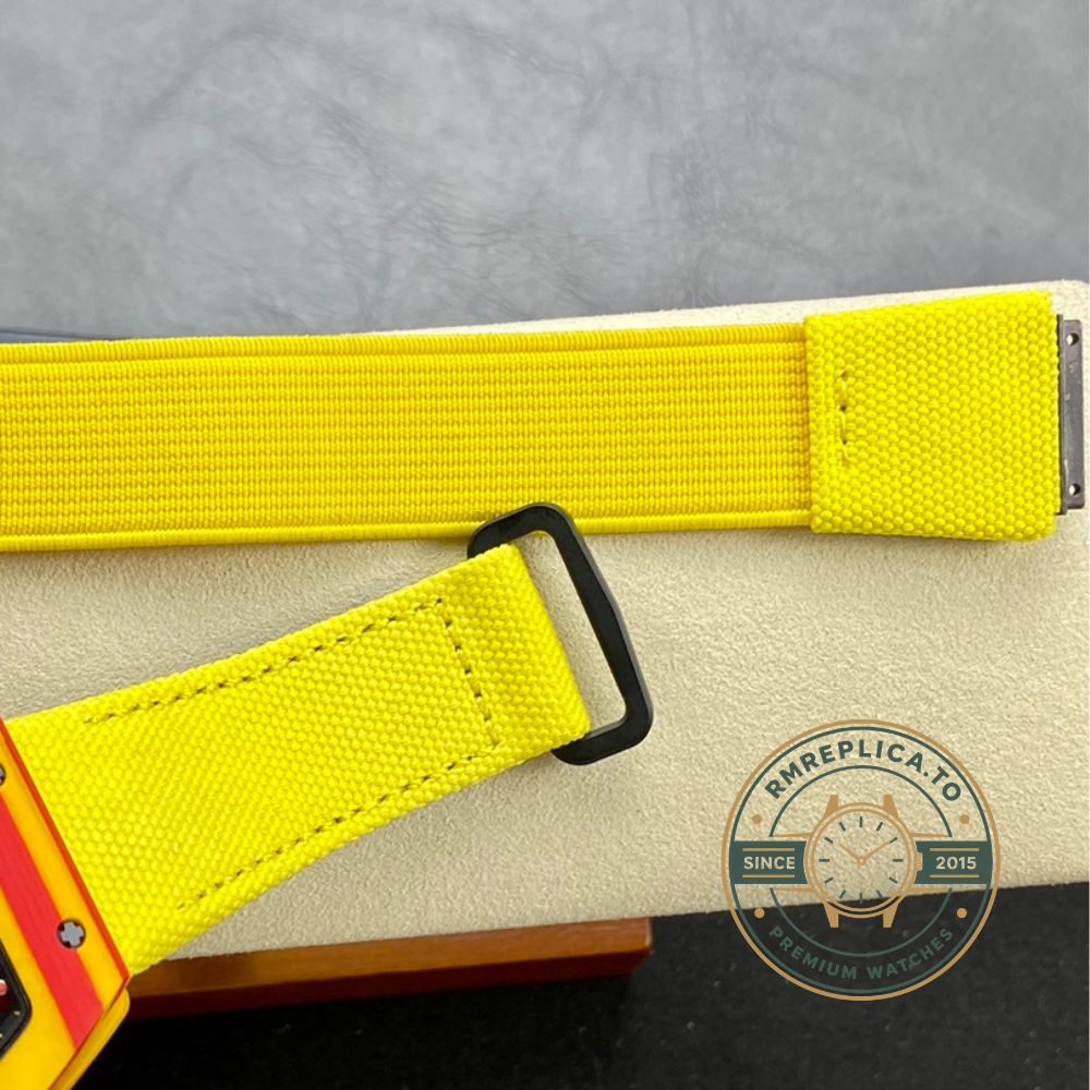 Imitation Richard Mille RM27-03 Rafael Nadal Tourbillon carbon fiber yellow red case caseback detail view – imitation richard mille