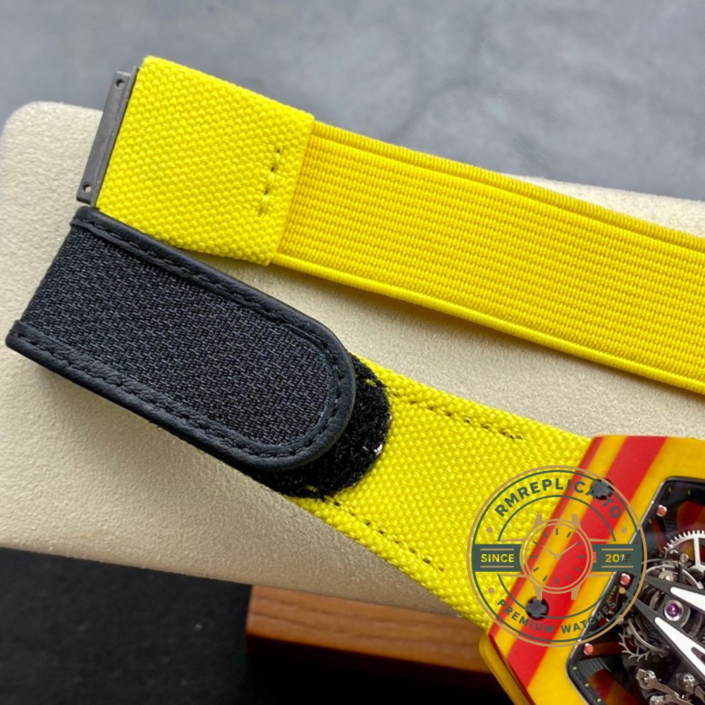Richard Mille swiss replicas RM27-03 Rafael Nadal Tourbillon yellow Velcro strap detail – richard mille swiss replicas