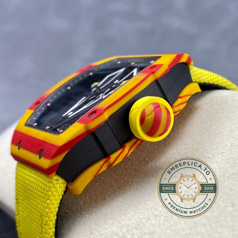 Richard Mille replica for sale RM27-03 Rafael Nadal Tourbillon yellow woven Velcro strap detail close-up – richard mille replica for sale