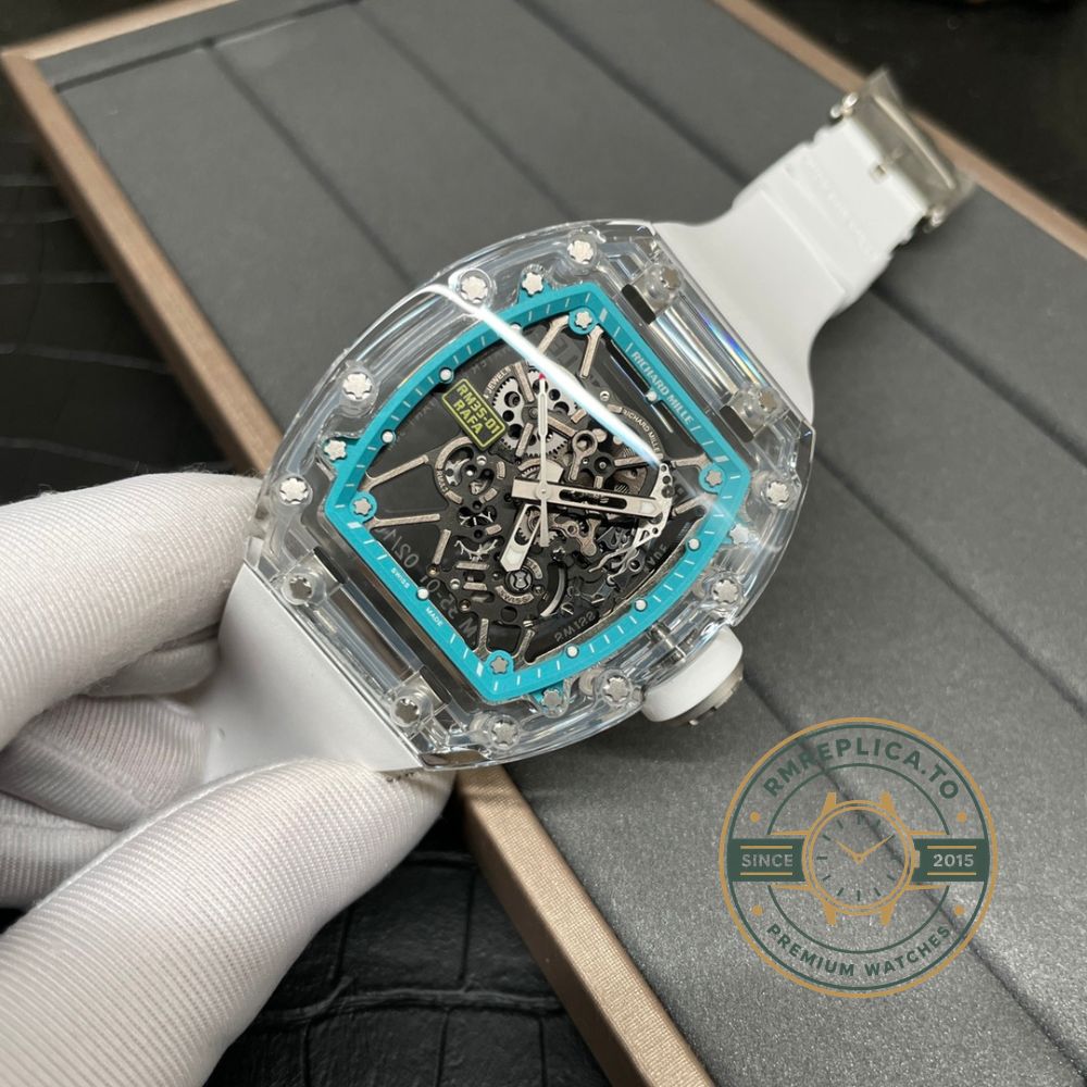 Richard Mille RM 35-01 Rafael Nadal super clone front view showing crystal glass case and skeleton dial – richard mille super clone