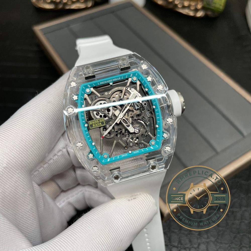 Fake Richard Mille RM 35-01 Rafael Nadal angled view with crystal glass case and white rubber strap – fake richard mille