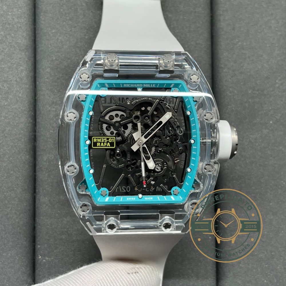 Best Richard Mille replica RM 35-01 Rafael Nadal side view with crystal glass case and crown – best richard mille replica