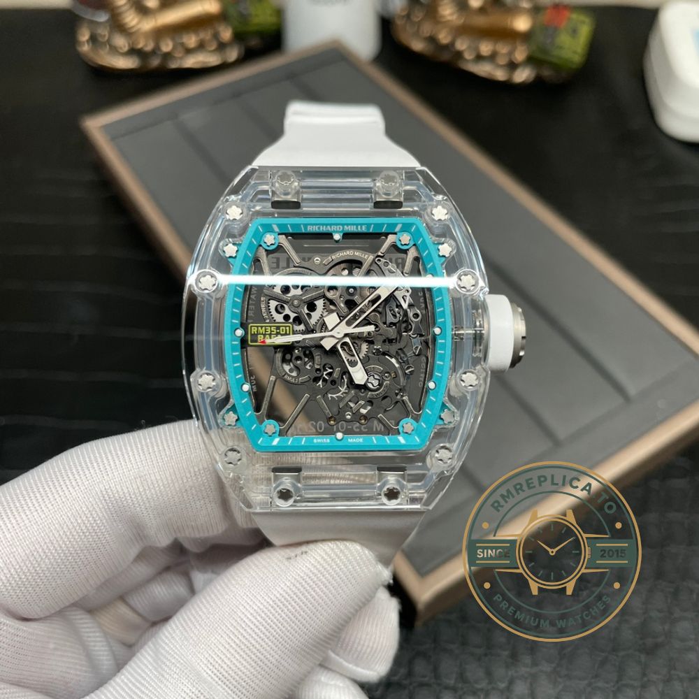 Imitation Richard Mille RM 35-01 Rafael Nadal crown detail on crystal glass case – imitation richard mille