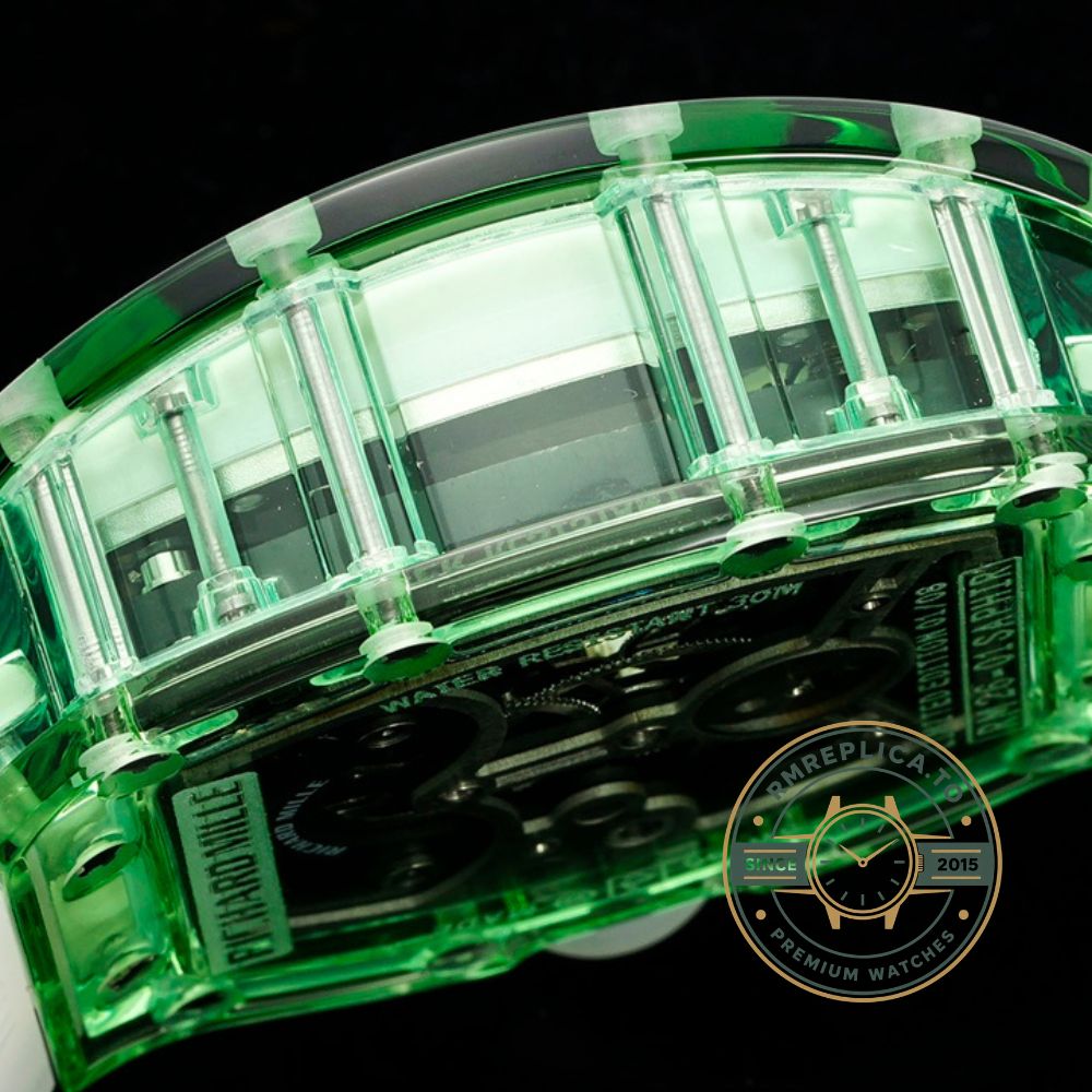 Richard Mille RM 26-01 Panda Tourbillon super clone angled view with full crystal case and skeleton dial – richard mille super clone