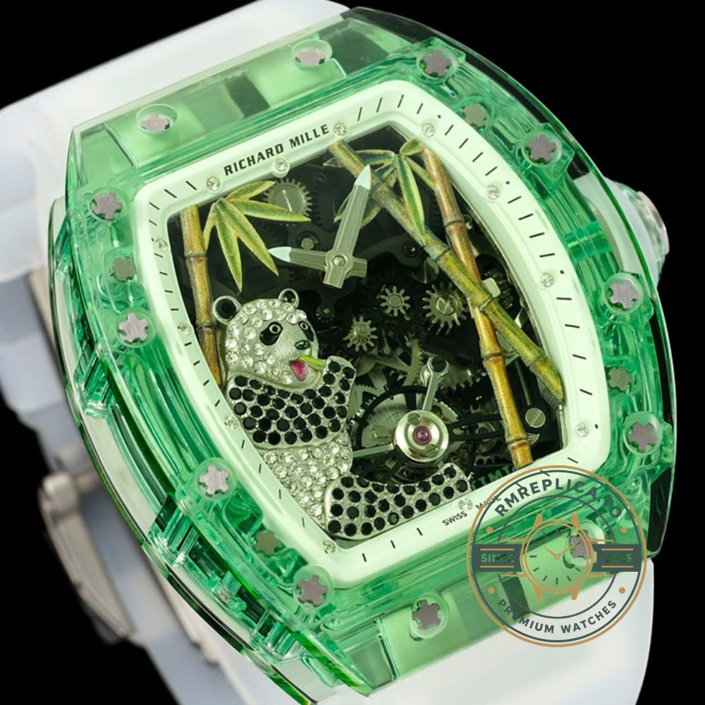 Fake Richard Mille RM 26-01 Panda Tourbillon dial detail with 3D panda and bamboo design – fake richard mille