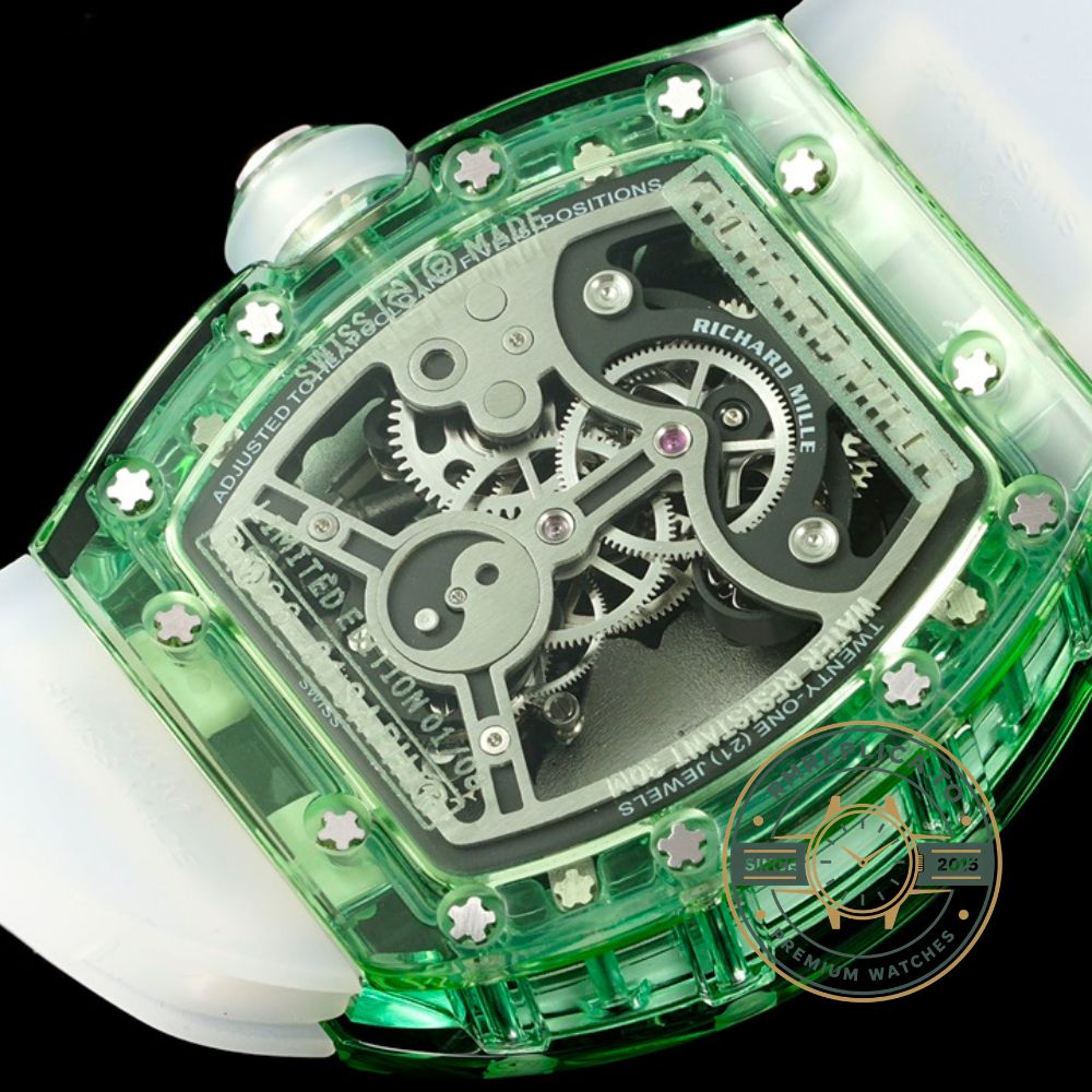 Replica Richard Mille watch RM 26-01 Panda Tourbillon movement detail under full crystal case – replica richard mille watch