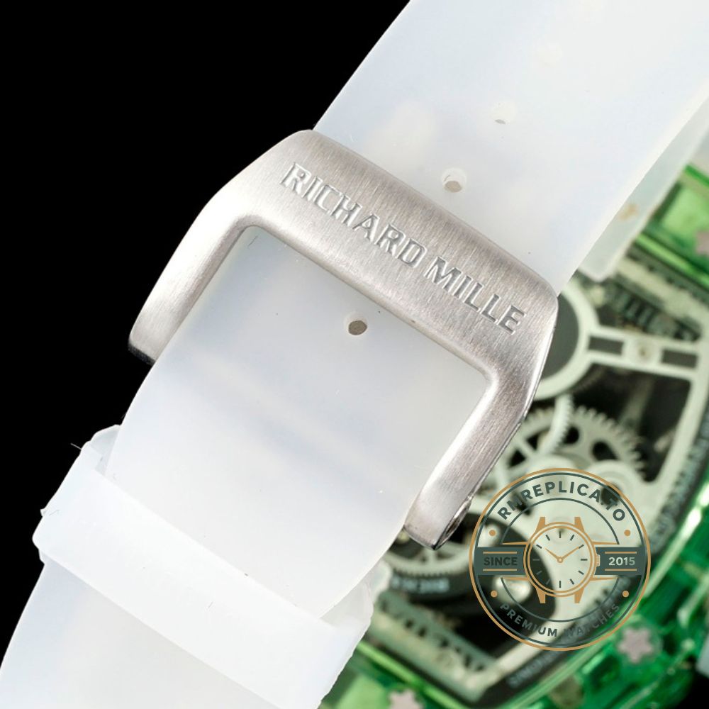 Richard Mille clone RM 26-01 Panda Tourbillon side view with full crystal case and white rubber strap – richard mille clone